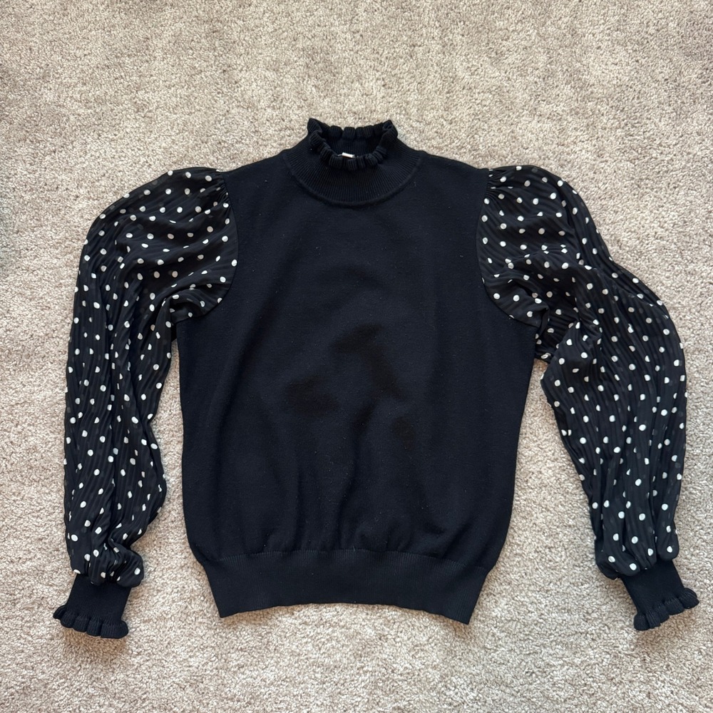 Nanette Lepore Black Polka Dot‎ Sheer Puff Sleeve Ruffle Mock Neck Sweater M